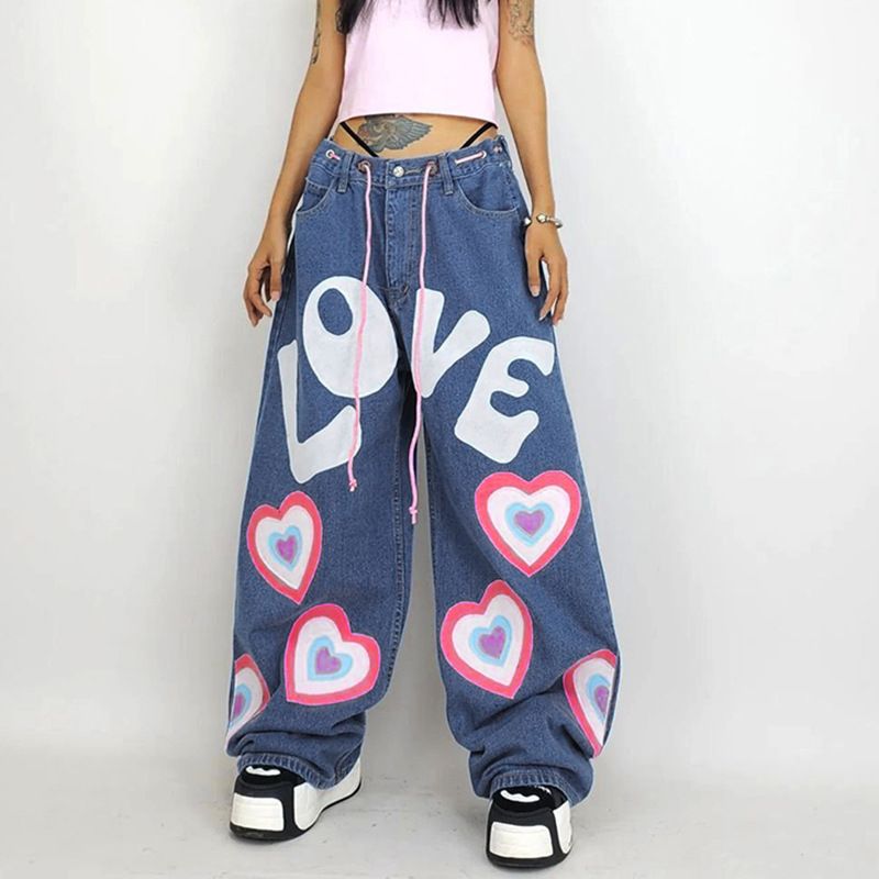 Women's Clothing ghost girl contrast color love print loose jeans mopping wide leg pants_ecoleips.com