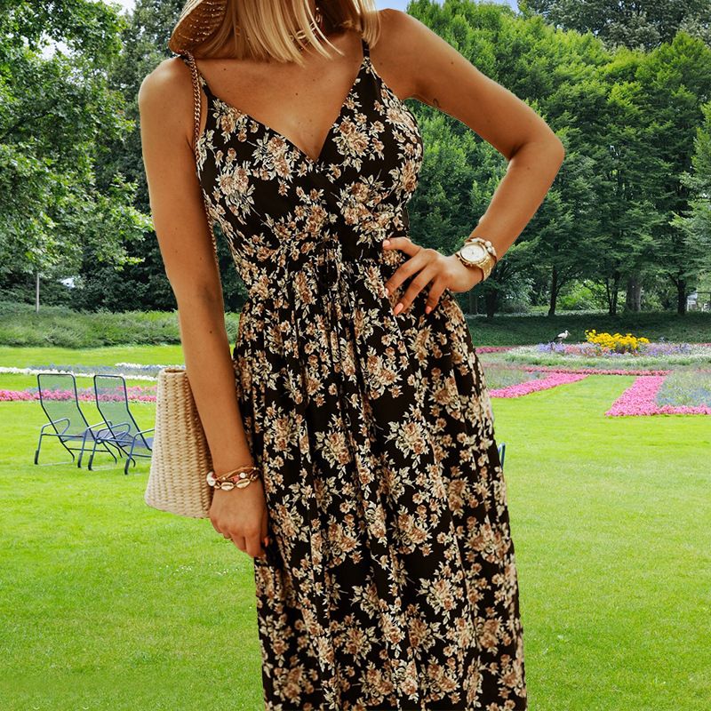 Boho Printed Maxi Dress Women V Neck Sleeveless Spaghetti Strap Casual Vacation Dress_ecoleips.com