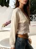 2026 Spring New Beige Cotton Crochet Cardigan Women's V-neck Lace Splicing Bubble Sleeves Bohemian Short Top_ecoleips.com