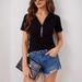 European American Cross-border 2026 New Model 95% Cotton Ribbed V-neck T-shirt With Rhinestone Pendant And Zipper, Solid_ecoleips.com