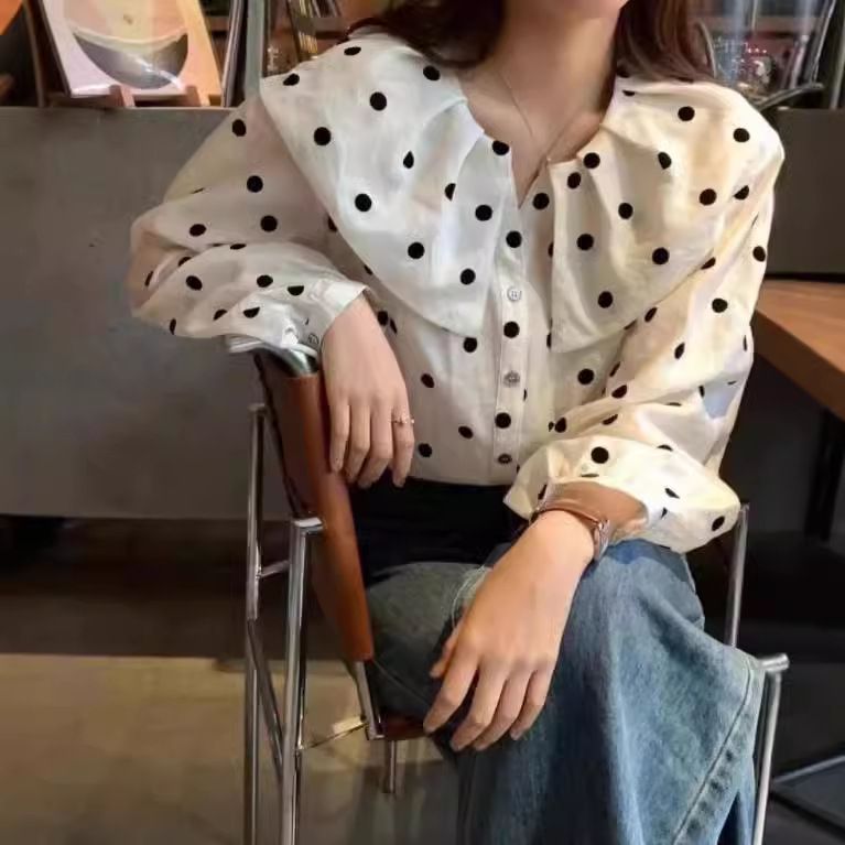 Women's Doll Collar Long Sleeve Shirt 2025 Autumn New Korean Style Sweet Polka Dot Single-Breasted Casual Blouse_ecoleips.com