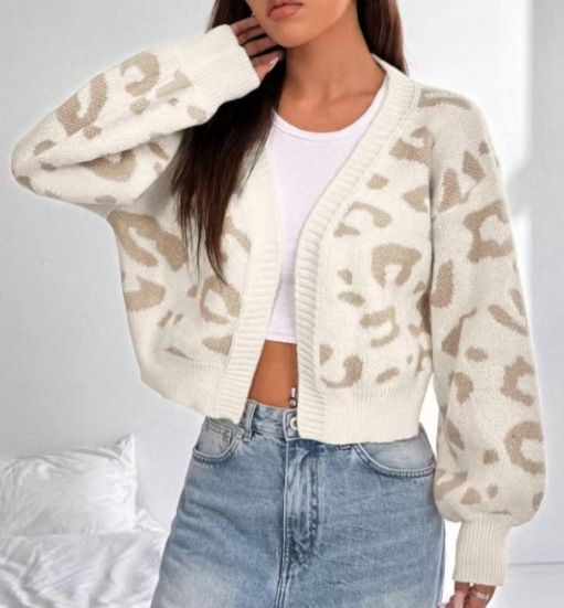 "Leopard Print Open Front Cardigan Women's - Oversized Knit Sweater (S-XL, Buttonless, Soft Acrylic Blend, Boho Chic Outerwear)"_ecoleips.com