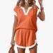 Summer Women's Casual Set V Neck Short Sleeved Color Block Striped Fashion Two Piece Shorts_ecoleips.com