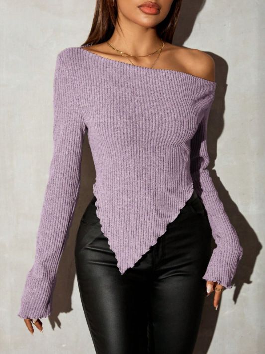 Women's Clothing Women's Solid Color Off-Shoulder Knitted T-Shirt Sexy Long Sleeve For Formal & Casual For Women_ecoleips.com