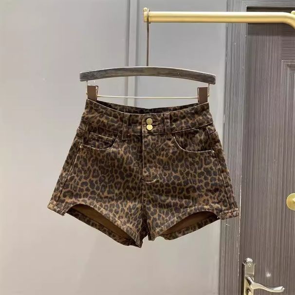 High Waisted Leopard Print Denim Shorts for Women American Style Two Button Wide Leg A-Line Slimming Hot Pants Summer 2023_ecoleips.com