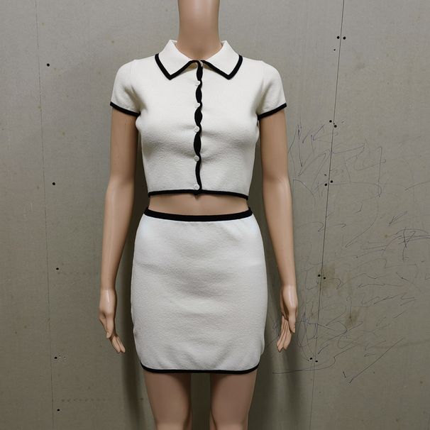 Women's Clothing Short Sleeved Black Contrast Trimmed Knitted Cardigan Hip Skirt Set_ecoleips.com