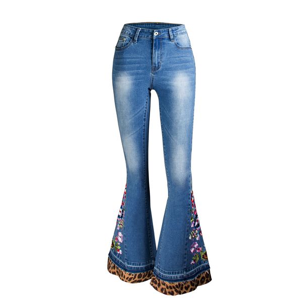 Women's Clothing Women's Denim Bell Bottom Trousers Embroidery Stitching Leopard Print Denim Women's Autumn Denim Wide Leg Trousers_ecoleips.com