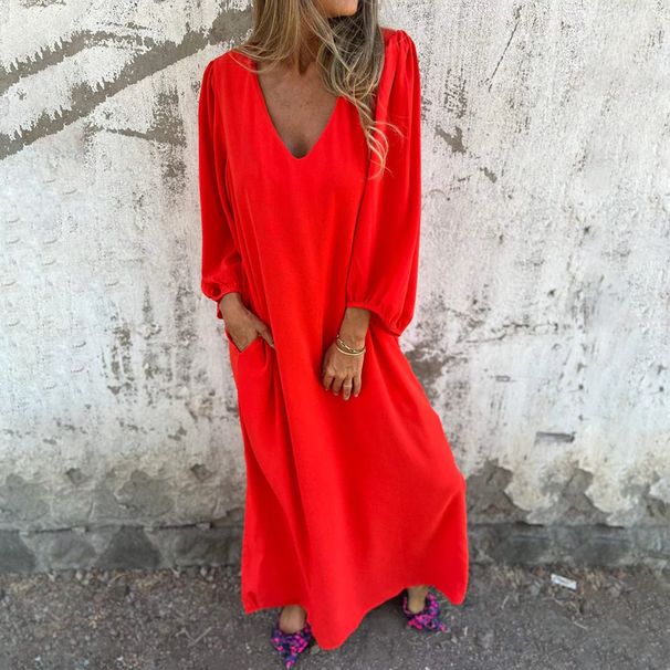 Women's Clothing Leisure Loose V Neck Solid Color Women's Lantern Sleeve Multi Color Dress_ecoleips.com