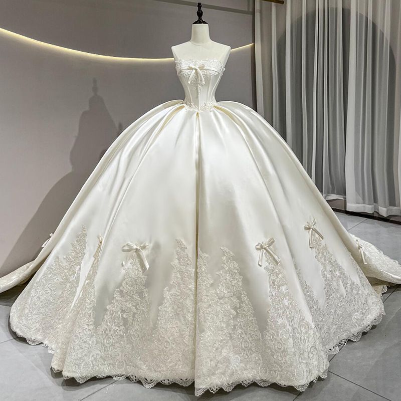 White Strapless Satin Wedding Dress Understated Luxury New Summer Unique Train_ecoleips.com