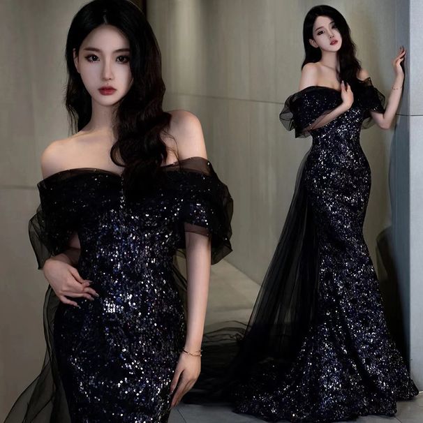 Women's Clothing Light Luxury Niche Temperament Catwalk Performance Clothing One Shoulder Dress Black_ecoleips.com