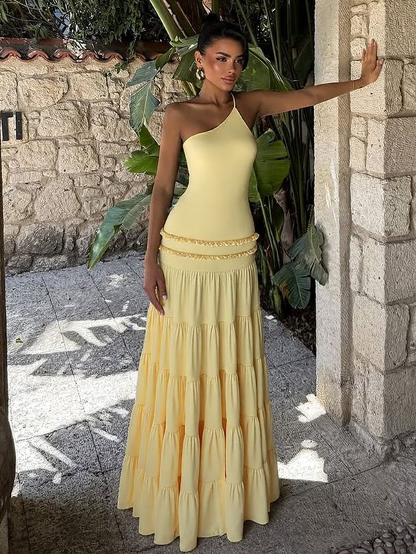Hugcitar One Shoulder Slips Backless Sexy Ruffles Elegant Pleated Maxi Prom Dress Summer Women Clothes Birthday Party Festival_ecoleips.com