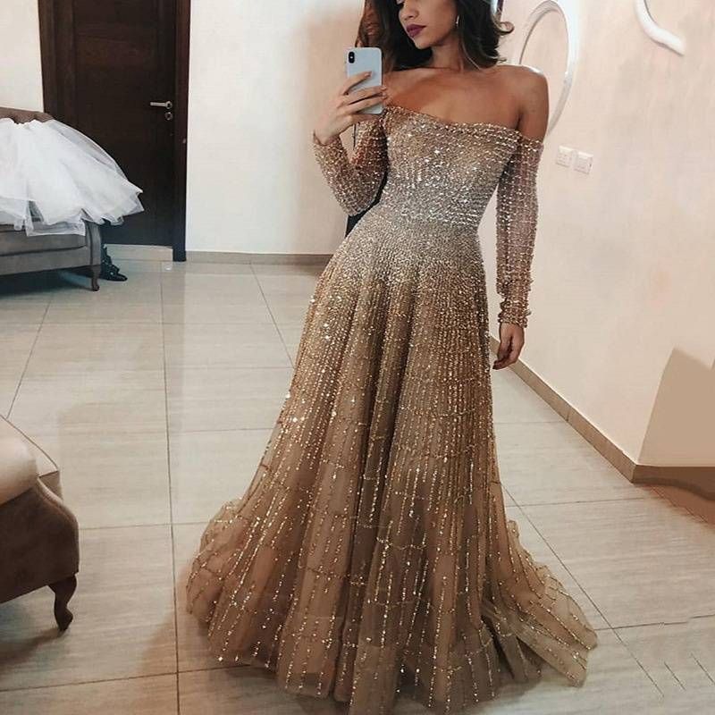 Women's Clothing Sparkling Tube Top Long Sleeve Tube Top Dress Long Dress_ecoleips.com