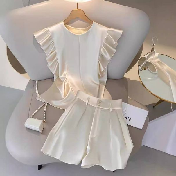 Women's Clothing Summer With A Complete Set Of Fashionable And Age Reducing Lotus Leaf Sleeves White Ice Silk Top Shorts Suit For Women_ecoleips.com