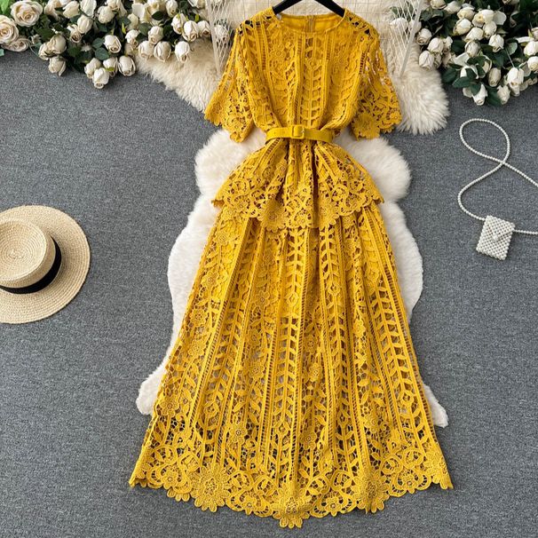 Women's Clothing Hollow-out Crochet Lace Short-sleeved Dress Women's Tight Waist Slimming Elegant Long Skirt_ecoleips.com