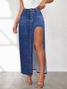 High Slit Half-length Denim Skirt For Women Washed Solid Color Mid-length Skirt_ecoleips.com