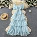 French-Inspired Summer Dress – Square Neck & Puff Sleeves With Tiered Ruffle Hem (Bluish/Black/White/Yellow/Rose Red, One Size)_ecoleips.com
