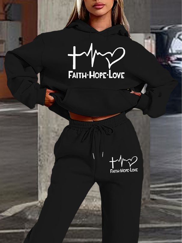 Women's Autumn And Winter Casual Fashion FAITH HOPE LOVE Letter Printed Thick Fleece Warm Hooded Sweatshirt+sports Pants Set-720_ecoleips.com