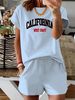 Summer New Blue California Letter Pattern T-shirt, Casual Printed Round Neck Short Sleeved Top With Elastic Waist Pocket, Women's Two-piece Set-285_ecoleips.com