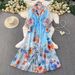 Women's Retro Print V-Neck Dress Lantern Sleeve Single-Breasted Tie Waist Elegant Long Dress For Spring/Autumn Casual Chic_ecoleips.com