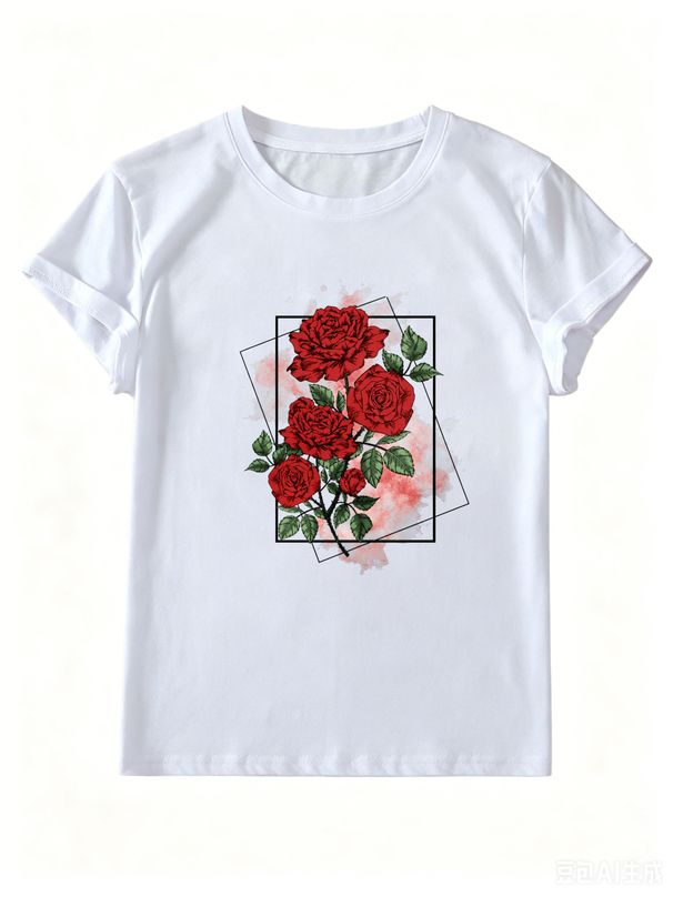 Women's Rose Graphic Tee, Cute Short Sleeve T-Shirt, Casual Daily Summer Fashion Top_ecoleips.com