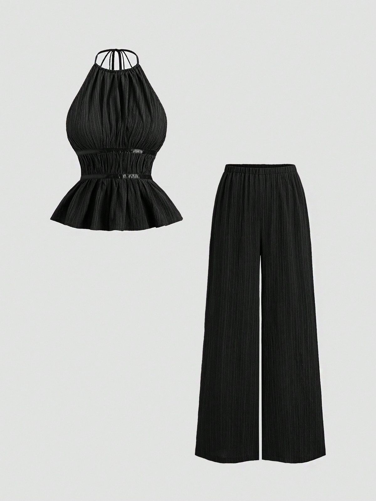 Women's French Style Two Piece Set off Shoulder Wide Leg Casual Halter Neck Belted Solid Color Loose Fit_ecoleips.com