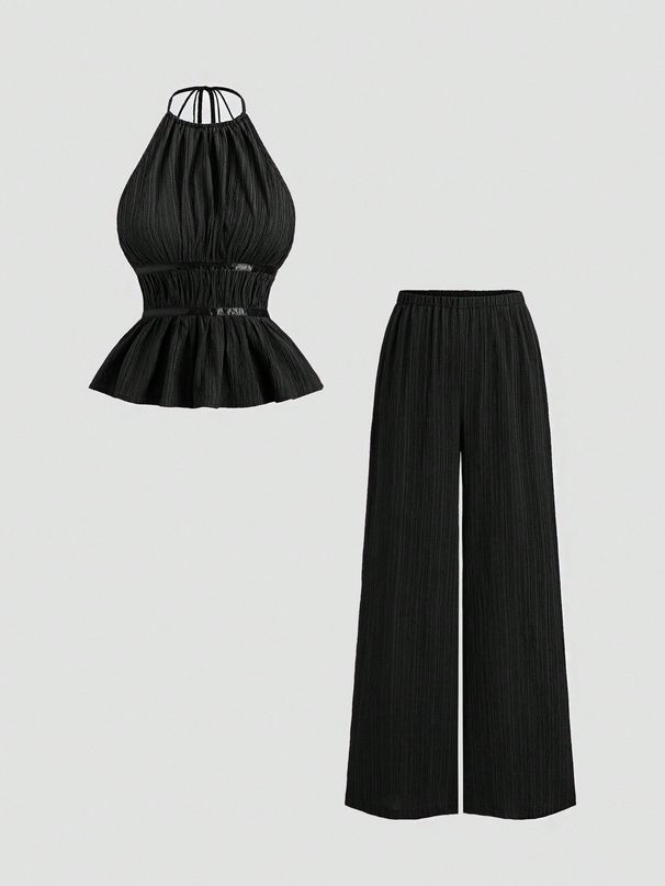 Women's French Style Two Piece Set off Shoulder Wide Leg Casual Halter Neck Belted Solid Color Loose Fit_ecoleips.com