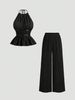 Women's French Style Two Piece Set off Shoulder Wide Leg Casual Halter Neck Belted Solid Color Loose Fit_ecoleips.com