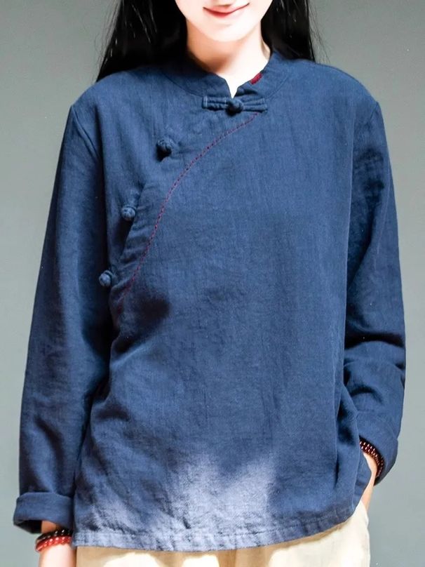 Cotton And Linen Vintage Stand-Up Collar Long-Sleeved Women's Spring And Autumn Chinese-Style Tea Dress, Button-Up Pullo_ecoleips.com