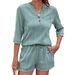 Women's Clothing Spring And Summer New Solid Color V Neck Mid Sleeve Loose T Shirt Pocket Shorts Suit_ecoleips.com