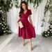 Summer Commuter Women's Dress Deep V Neck Waist Cinching Puff Sleeve Full Skirt Solid Color_ecoleips.com