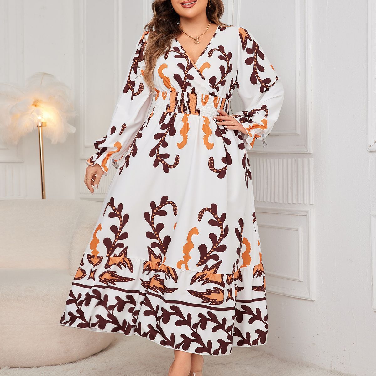 "Elegant Plus Size Flowy V-Neck Dress - Soft Long Sleeve Printed Maxi Dress For Women, Loose Fit & Comfortable, Trendy Casual & Office Wear"_ecoleips.com