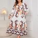 "Elegant Plus Size Flowy V-Neck Dress - Soft Long Sleeve Printed Maxi Dress For Women, Loose Fit & Comfortable, Trendy Casual & Office Wear"_ecoleips.com