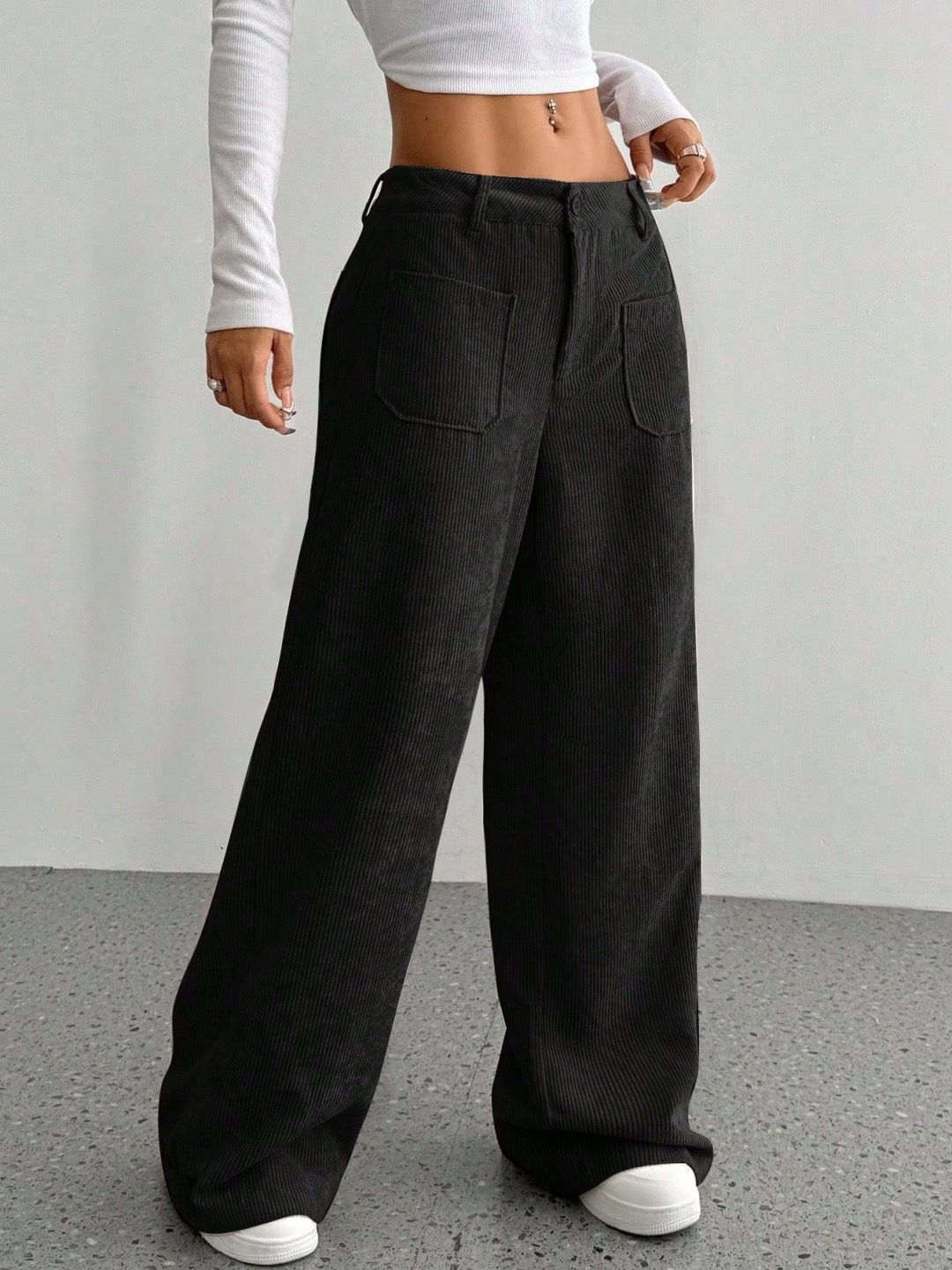 Voya Autumn Winter European And American Women's Clothing Solid Color Corduroy Loose Zipper Button Wide Leg_ecoleips.com