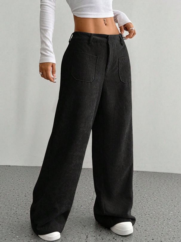 Voya Autumn Winter European And American Women's Clothing Solid Color Corduroy Loose Zipper Button Wide Leg_ecoleips.com