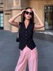 Vintage V-Neck Sleeveless Vest Women's Black Waist-Cinching Layering Top – Streetwear Chic, Summer Staple_ecoleips.com