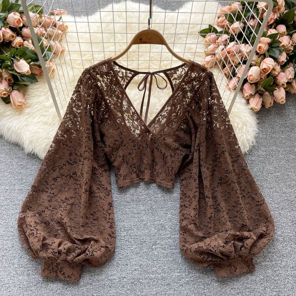 Slimming Short Crochet Lace Top for Women Backless Lace up Korean Fashion Chic And Versatile New Autumn Style See through_ecoleips.com
