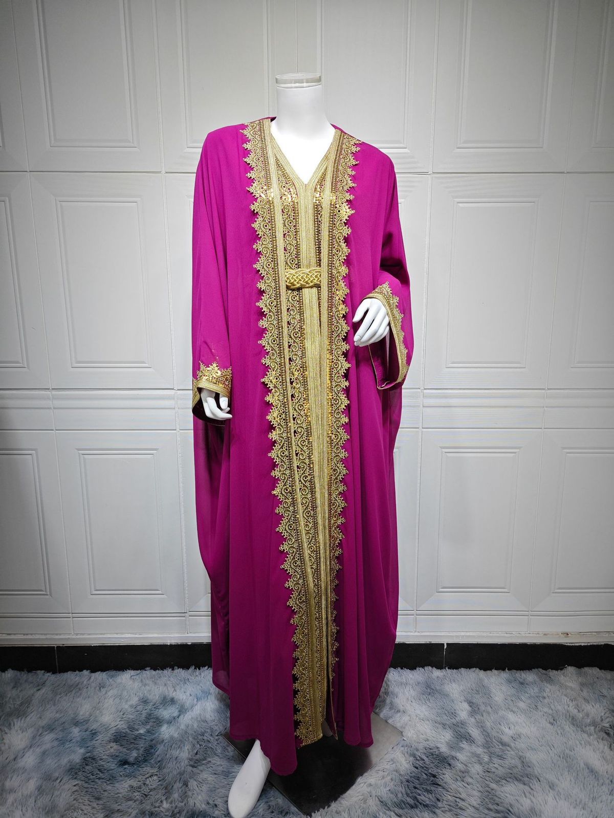 Women's Clothing Summer Lace Ribbon Stitching Robe Two Piece Set With Belt Chiffon Dress_ecoleips.com