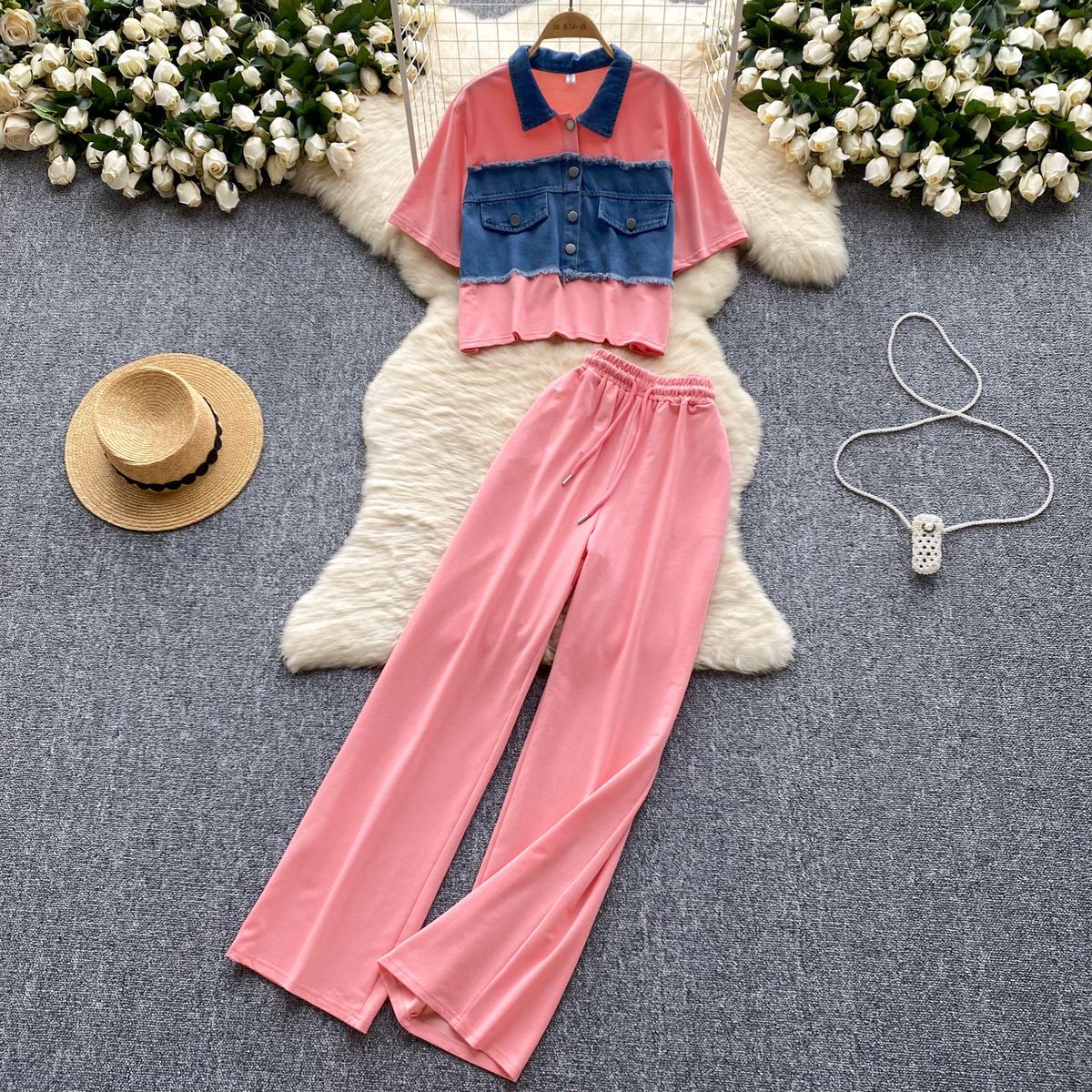 European And American Retro Distressed Set For Women Summer Denim Patchwork Short Sleeve T-Shirt + High Waist Slimming_ecoleips.com