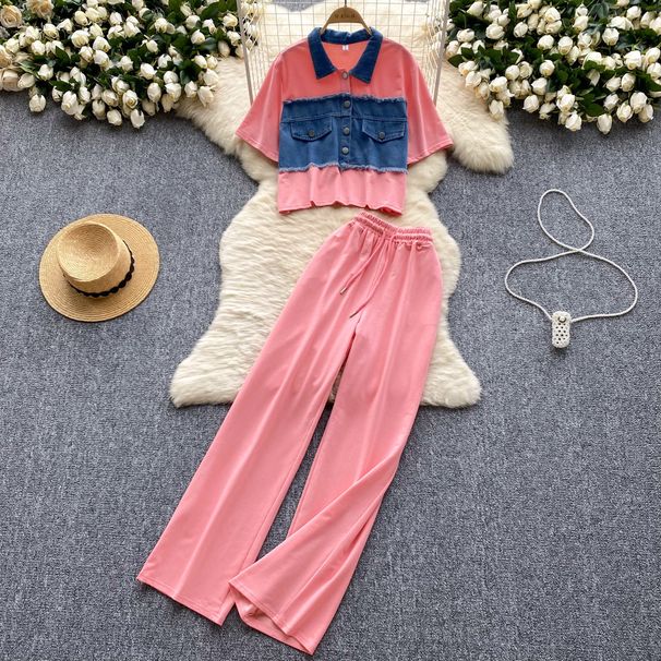 European And American Retro Distressed Set For Women Summer Denim Patchwork Short Sleeve T-Shirt + High Waist Slimming_ecoleips.com