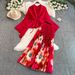 Women's Oversized Tie Waist Batwing Sleeve Pleated Top High Waist Print Skirt Set European American Style Loose Fit_ecoleips.com