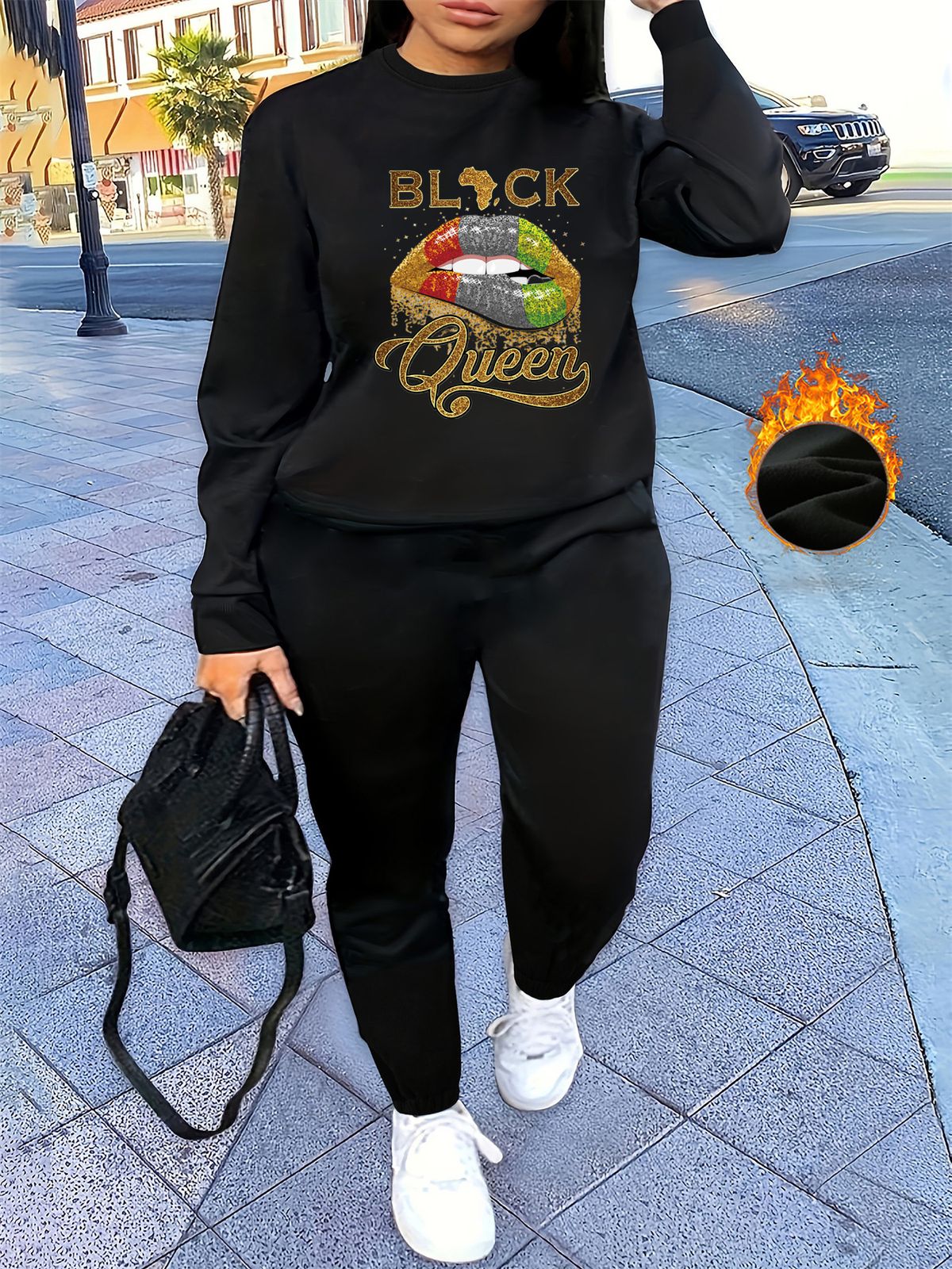 Women's Autumn/Winter Hip Hop Casual Street BLACK Queen Letter Pattern Printed Round Neck Sweatshirt+Sweatpants Warm Set-641_ecoleips.com