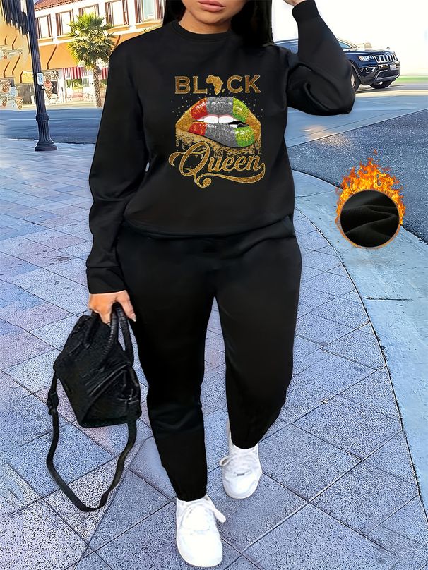 Women's Autumn/Winter Hip Hop Casual Street BLACK Queen Letter Pattern Printed Round Neck Sweatshirt+Sweatpants Warm Set-641_ecoleips.com