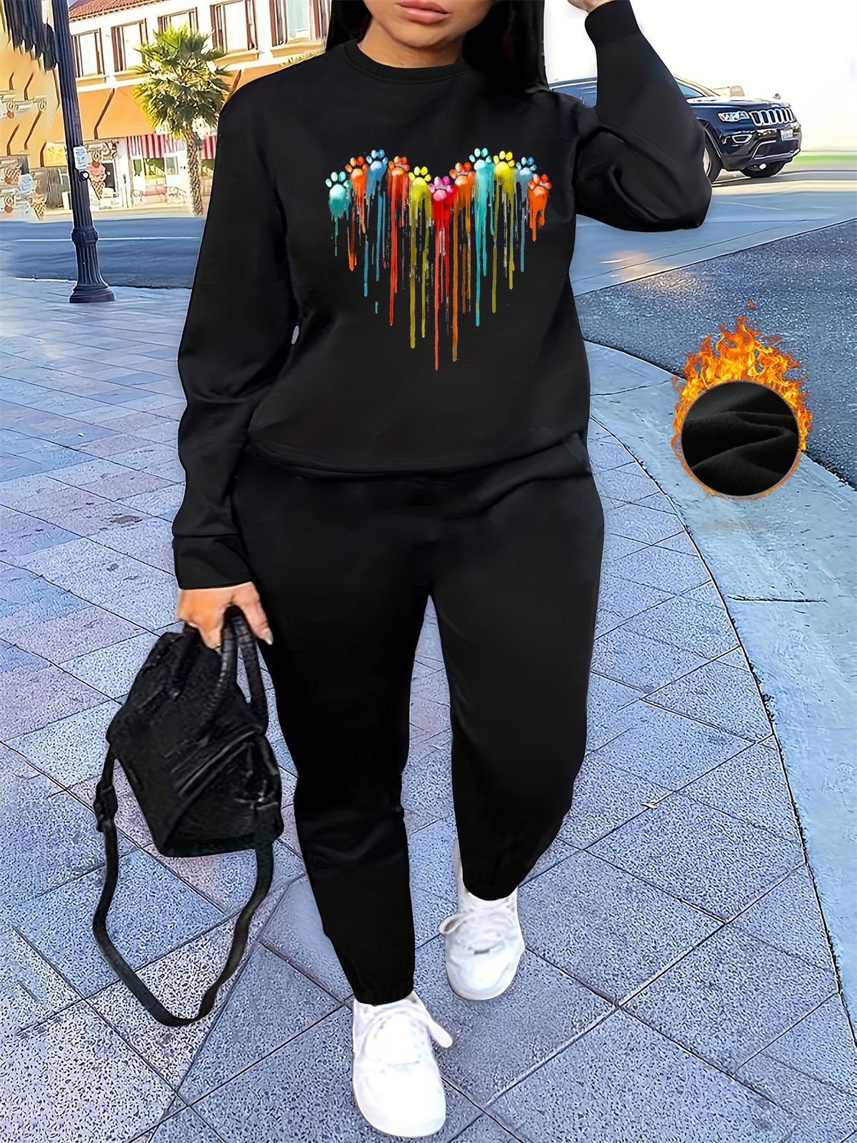 Women's Autumn And Winter Hip-hop Casual Street Heart-shaped Printed Round Neck Sports Shirt+sports Pants Set-567_ecoleips.com