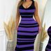 Women's Slim Fit Sleeveless Ribbed Stripe Print V-Neck Midi Dress For Casual & Office Wear Versatile Style Statement_ecoleips.com