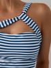 Women Blue White Stripe 2 Piece Tankini Set Crisscross Halter Cutout Ruched Tummy Control Tank Top Solid High Cut Bikini Bottom Nautical Swimwear_ecoleips.com