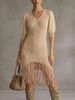Beige V Neck Chiffon Lantern Sleeve Pit Rib Knit Fringe Mini Dress, Loose Lightweight Breathable Soft Skin-touch Bodycon Midi Dress_ecoleips.com