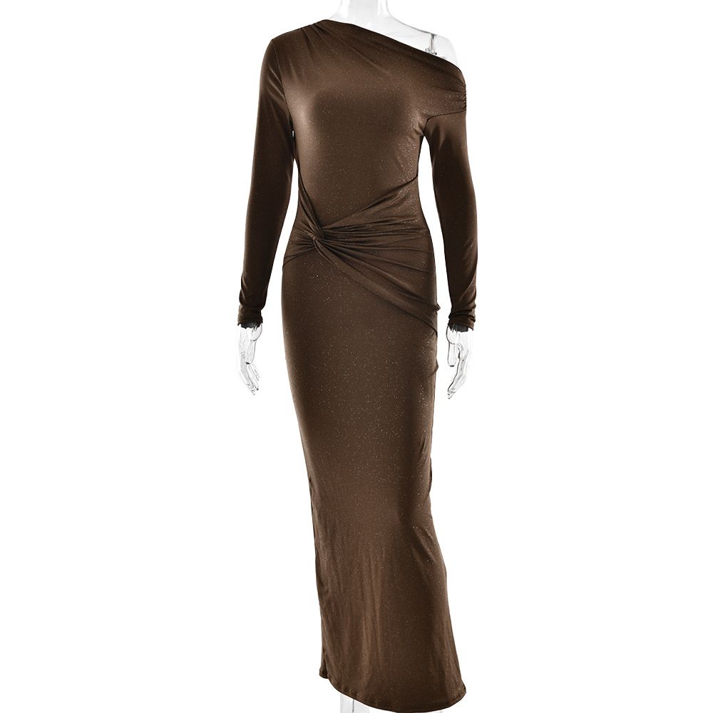 Women's Fashion Sexy One‑Shoulder Long Sleeve Ruched Slim Fit Bodycon Maxi Dress_ecoleips.com