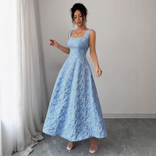 Elegant Simple Jacquard Long Dress Summer Clothing Square Neck Women's Fashion_ecoleips.com