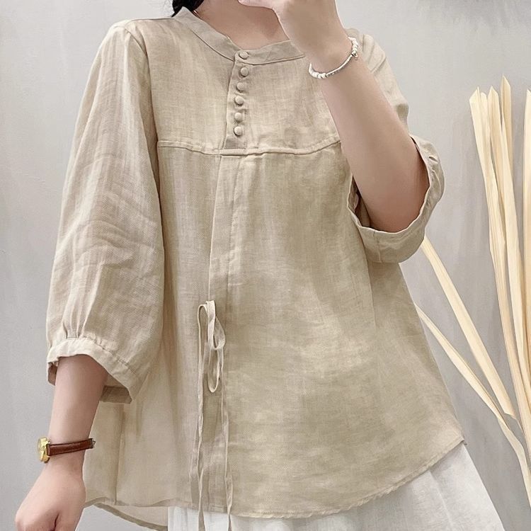 This Retro Cotton-Linen Women's Top Features A Round Collar, A Summer-Style Oblique-Front Design, A Loose Fit, And A "Fi_ecoleips.com