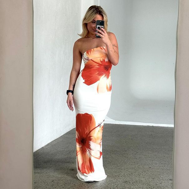 Summer Floral Print Strapless Off-Shoulder Dress for Women Slim Fit Elegant Sexy Cross Border Wholesale European American Style_ecoleips.com